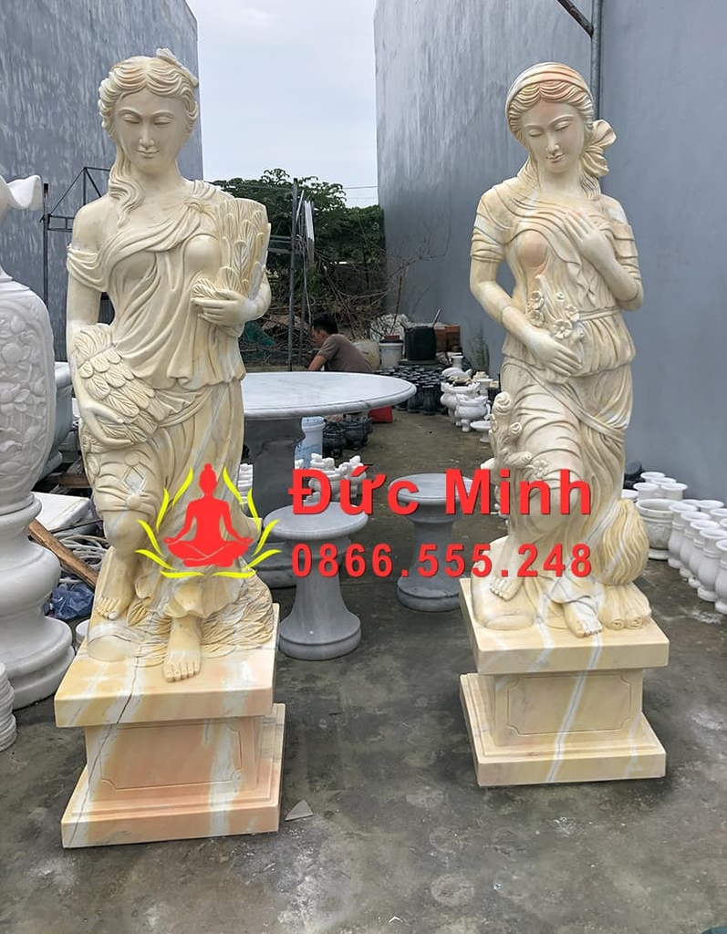 Tượng Cô Gái Đá Cẩm Thạch Vàng Đẹp Nguyên Khối