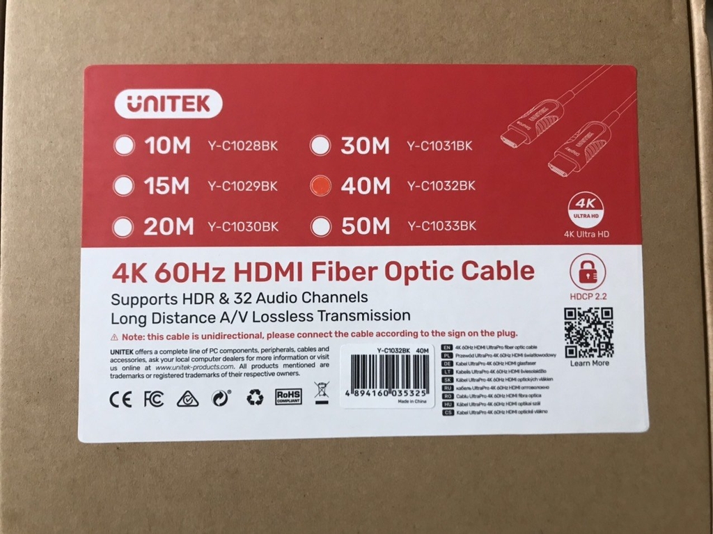 CÁP HDMI 2.0/4K - 20M ULTRAPRO ACTIVE OPTICAL UNITEK (Y-C 1030BK)
