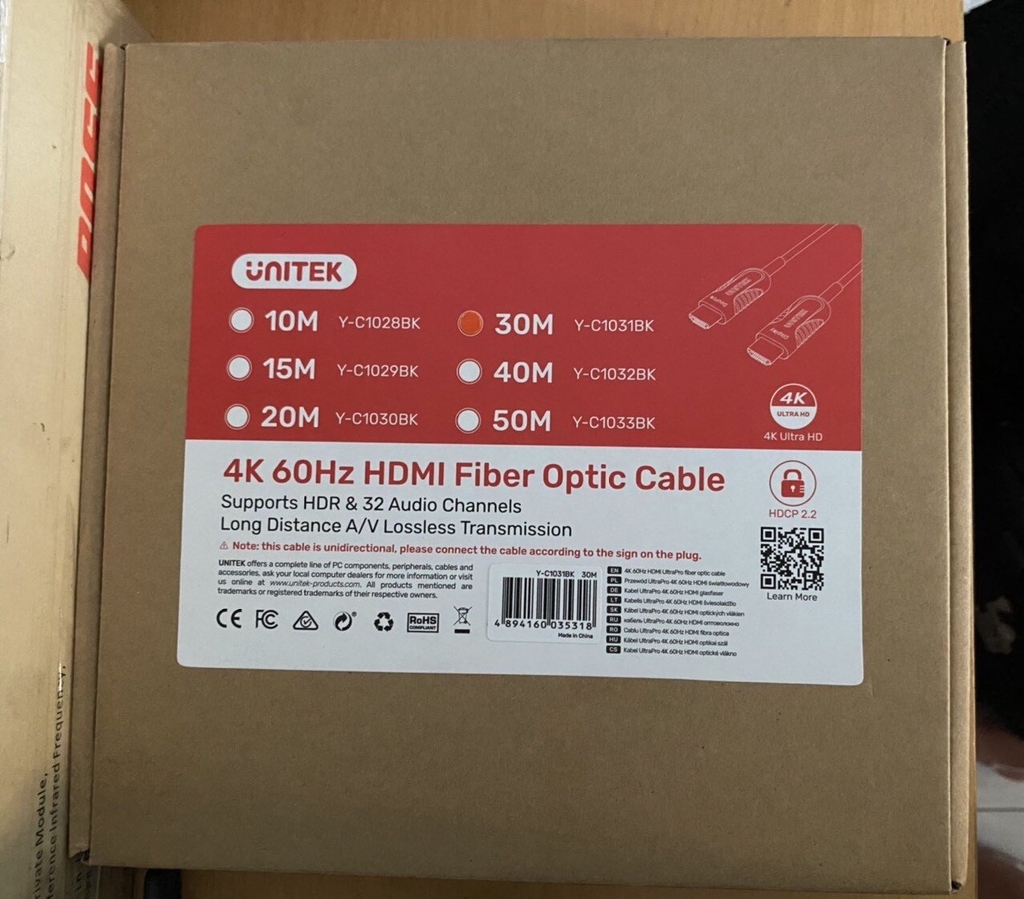 CÁP HDMI 2.0/4K - 20M ULTRAPRO ACTIVE OPTICAL UNITEK (Y-C 1030BK)
