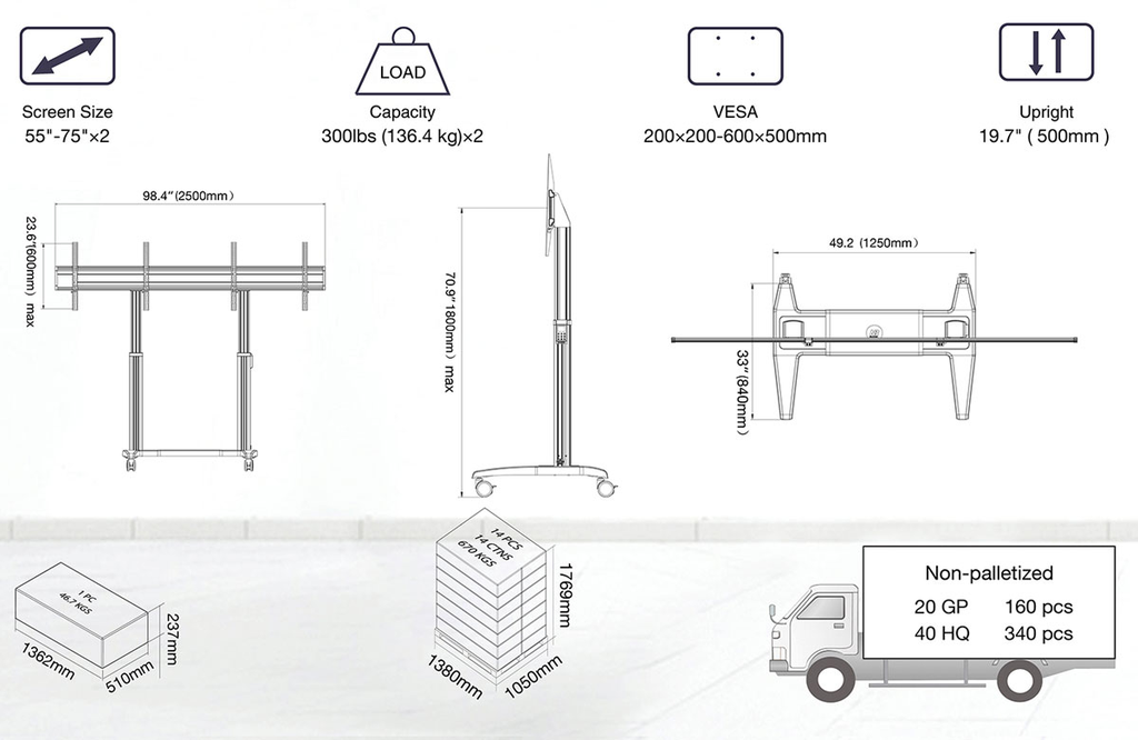 Khung treo tivi di động 2 tivi North Bayou T75-2A ( Hàng Chính Hãng | Có VAT | Đóng gói: 70kg | Max 2 Tivi 75