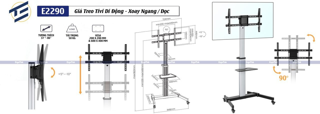 Khung treo tivi di động E2290 - xoay ngang/ dọc (Thương hiệu: Ergotek | 37''-86''| 82x30x23cm | 17kg )