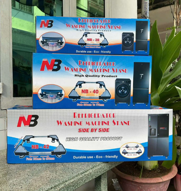 Chân Đỡ Máy Giặt, Tủ Lạnh inox NB-40 (550mm – 770mm) *mẫu mới* có lót cao su chống trượt (NB-40 | Tải trọng: 15kg - 600 Lít )