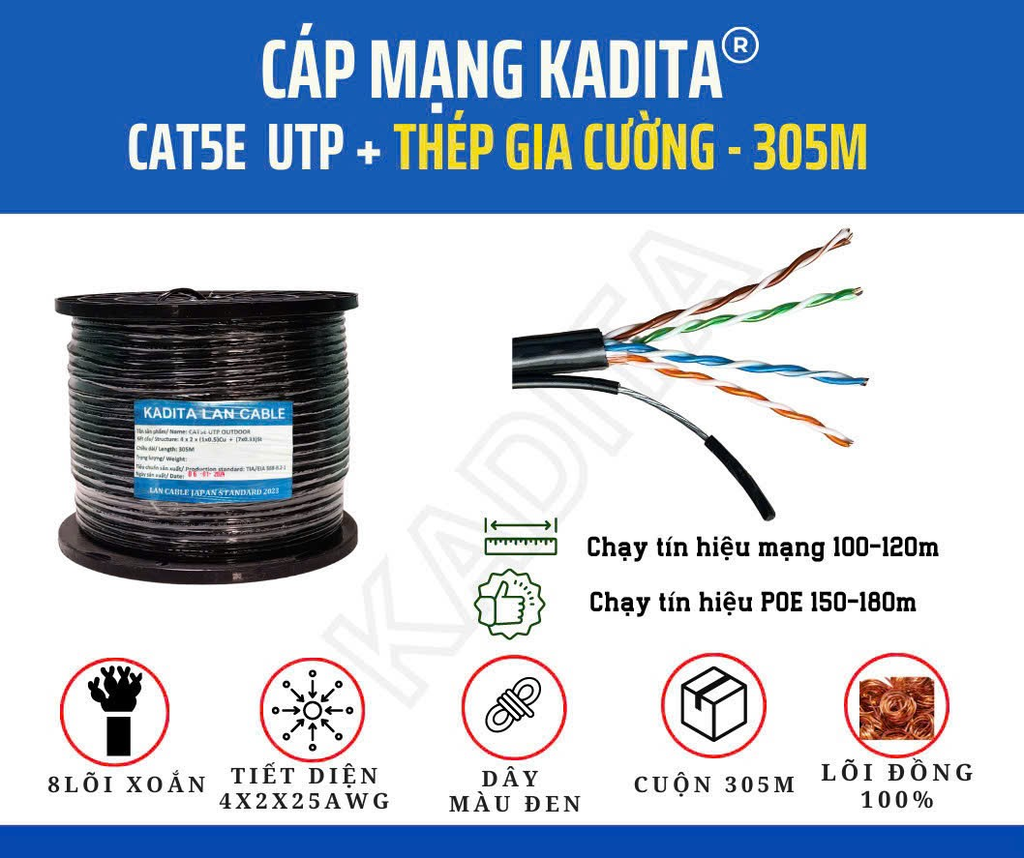 Dây Cáp 8 Lõi Có Cường Lực ( Sợi Cứng ) 305M Chuyên Camera (CAT5E + Cường lực)