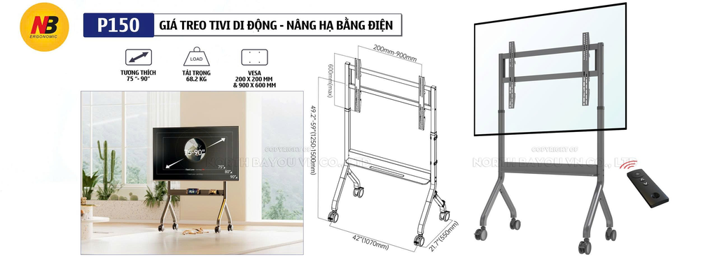 Giá Treo Tivi Di Động NB-P150 ( 75-90inch) , Nâng Hạ Độ Cao Bằng Remote Điều Khiển