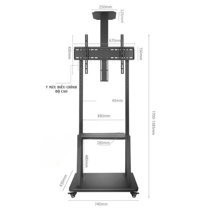 Khung treo Tivi di động E1900 32″- 75″ Tải trọng 45kg | Qui cách đóng gói: 143x56x7cmx14kg )