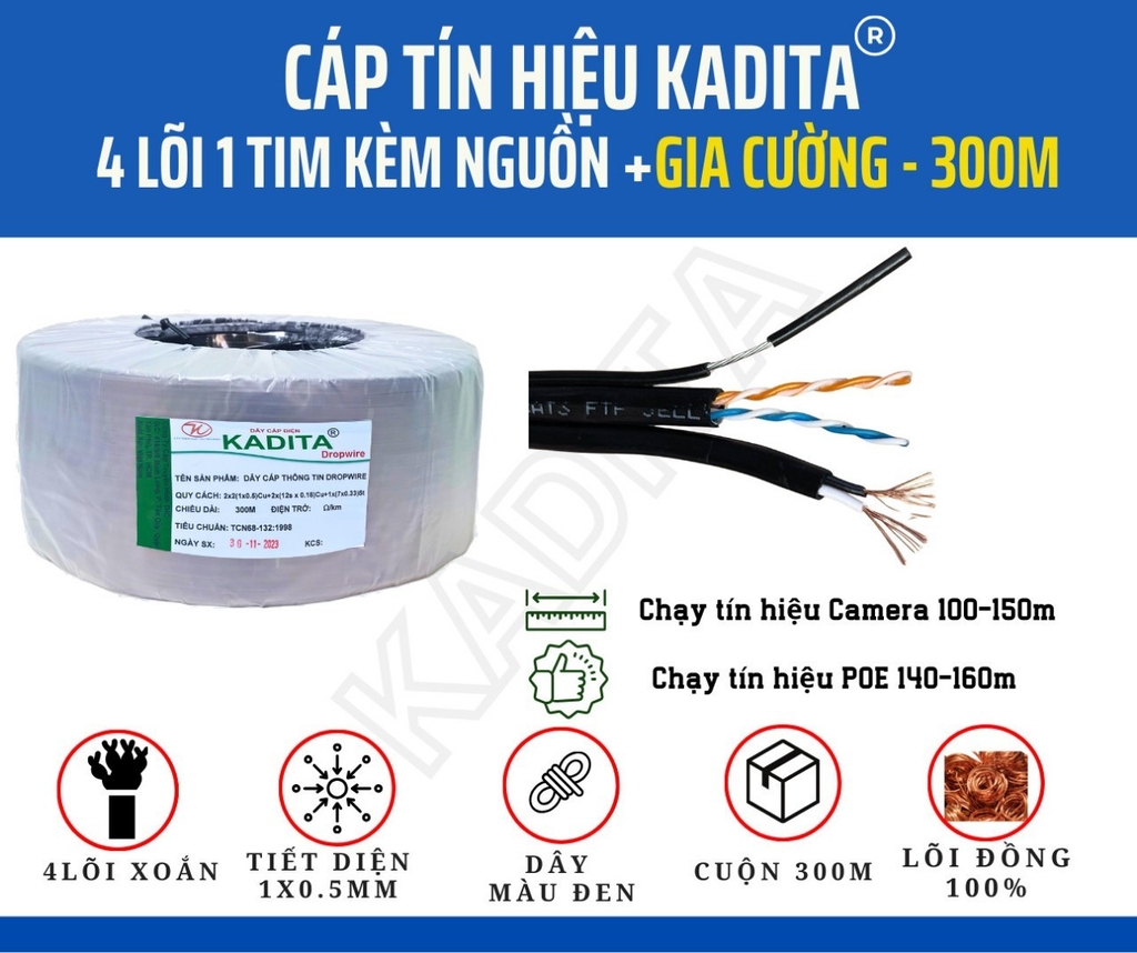 Dây Cáp 4 Lõi + Nguồn điện ( Sợi Cứng ) 300M Chuyên Camera