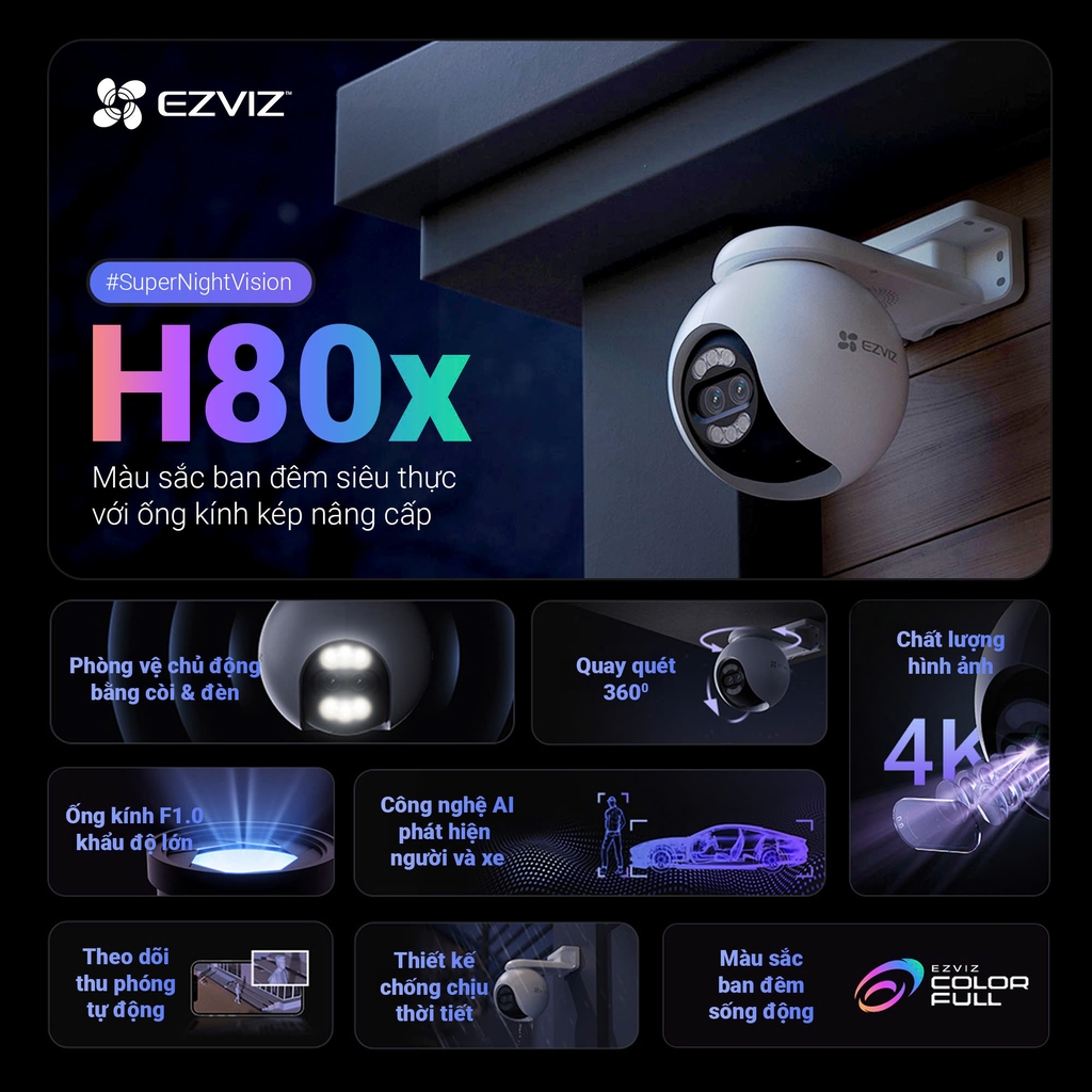 Camera Wifi 10MP EZVIZ H80X 2 ống kính Dual 4K (8MP+2MP), màu ban đêm, khẩu độ lớn F1.0, 4mm