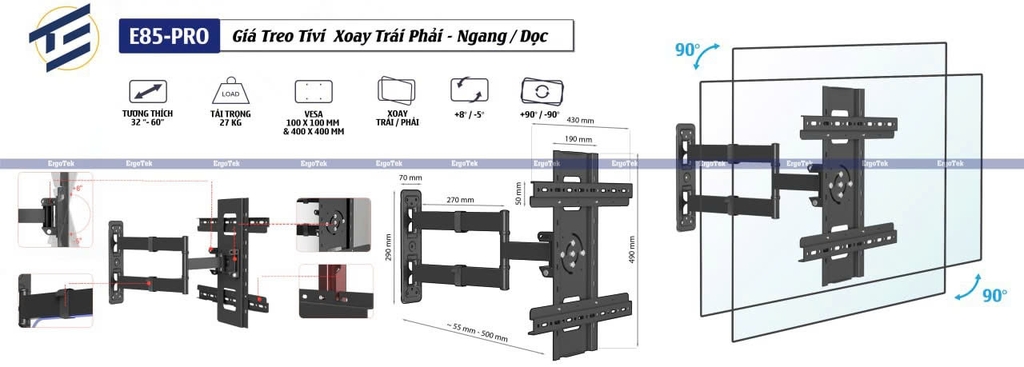 Giá treo TV xoay trái phải – ngang dọc ErgoTek E85-Pro (32 – 60) inch