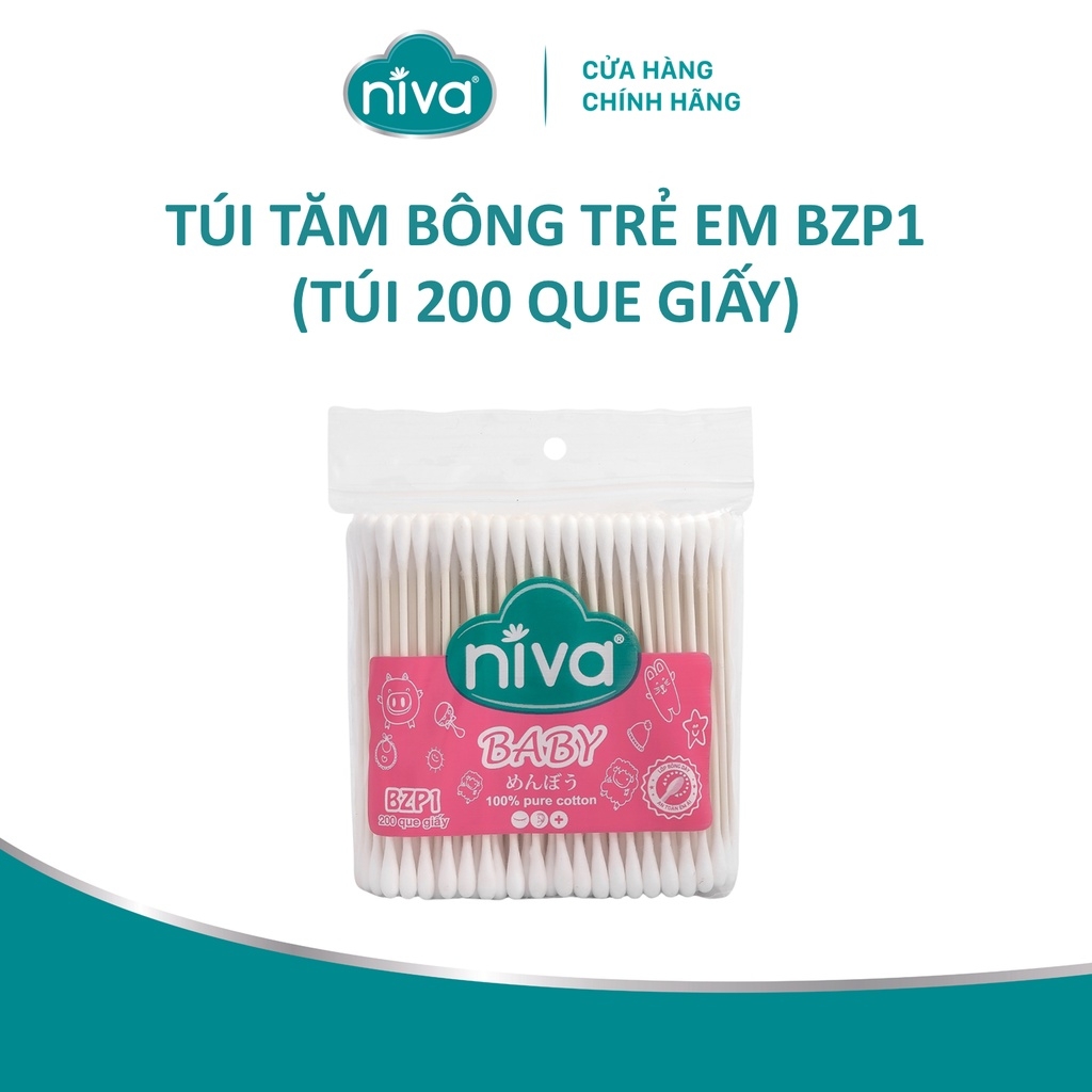 Tăm Bông Niva Cho Trẻ Sơ Sinh Túi 200 Que Thân Giấy BZP1 Bông Tự Nhiên Kháng Khuẩn An Toàn, Thân Thiện Môi Trường