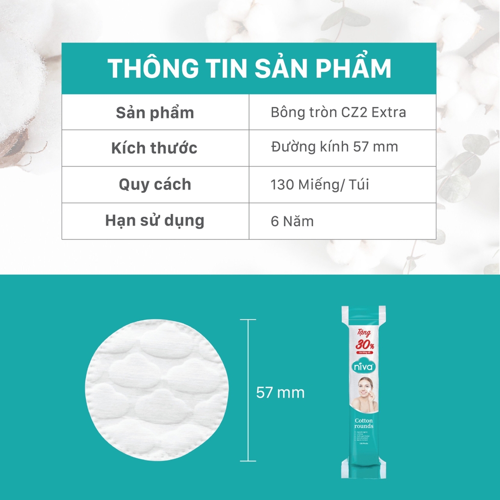 Bông Tẩy Trang NIVA Tròn CZ2 – Gói 130 Miếng, 100% Bông Tự Nhiên, Mềm Mại Cho Da Nhạy Cảm