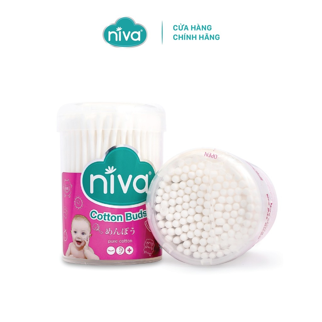 Tăm Bông Niva Cho Trẻ Sơ Sinh Hũ Xoay 150 Que Thân Nhựa BH1 Bông Tự Nhiên, Công Nghệ Kháng Khuẩn An Toàn Cho Bé