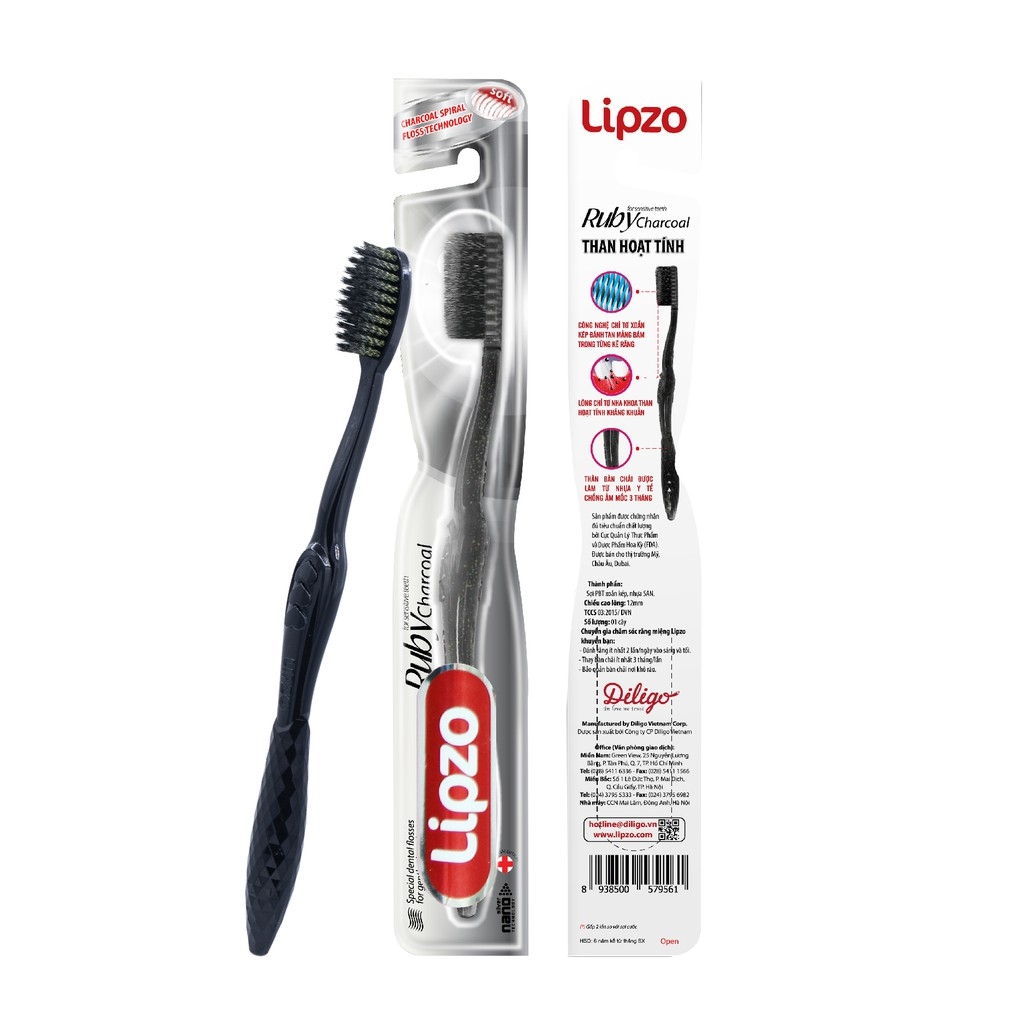 Combo 3 Bàn Chải Đánh Răng Lipzo Ruby Charcoal Dành Cho Nhạy Cảm Công Nghệ Chỉ Tơ Than Hoạt Tính Kháng Khuẩn Siêu Mềm