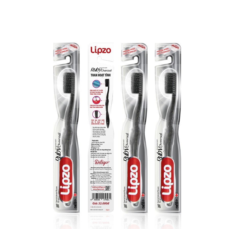 Combo 3 Bàn Chải Đánh Răng Lipzo Ruby Charcoal Dành Cho Nhạy Cảm Công Nghệ Chỉ Tơ Than Hoạt Tính Kháng Khuẩn Siêu Mềm