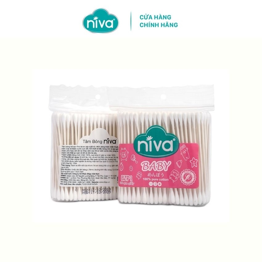 Combo 3 Tăm Bông Niva Cho Trẻ Sơ Sinh Túi 200 Que Thân Giấy BZP1 Bông Tự Nhiên Kháng Khuẩn An Toàn,Thân Thiện Môi Trường
