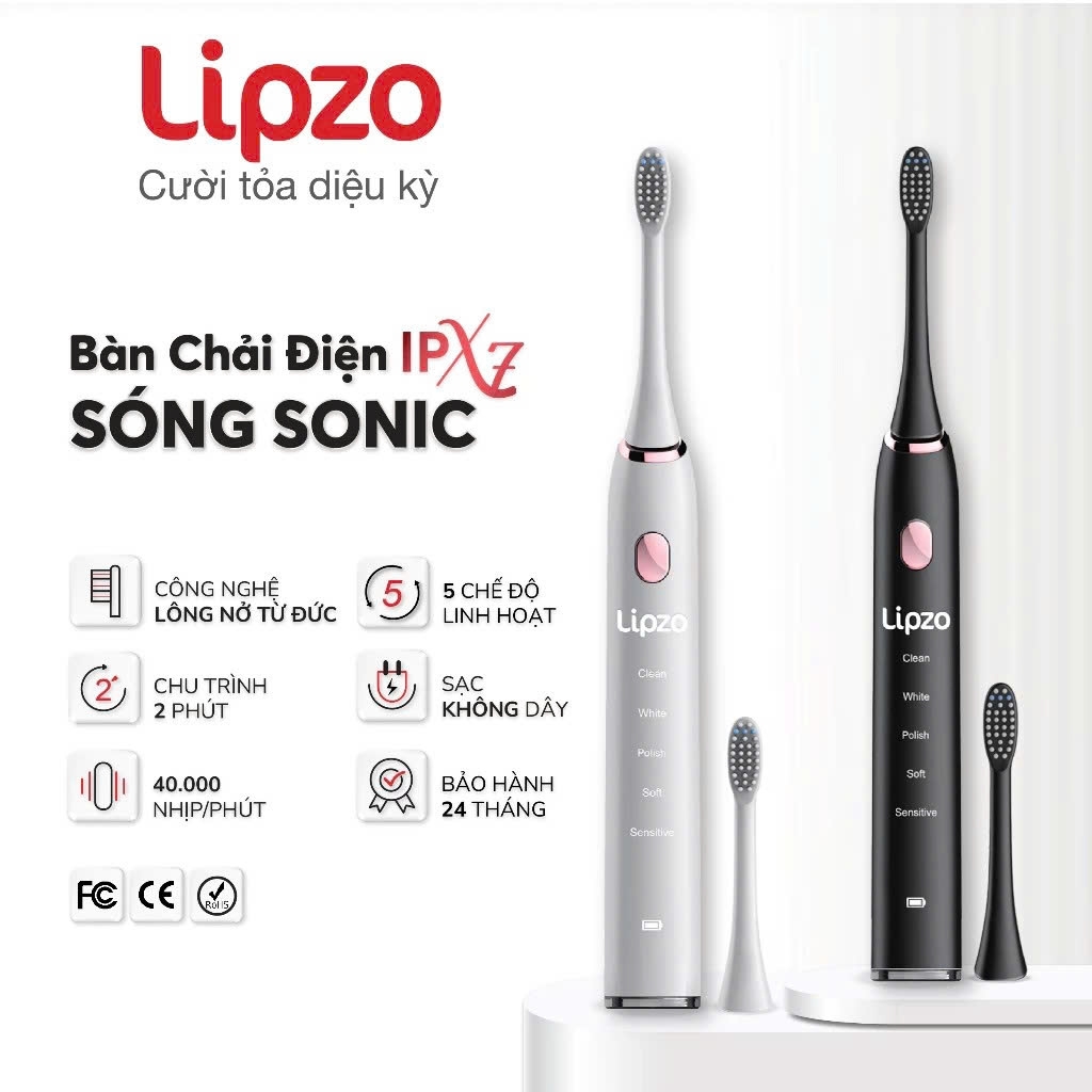 Bàn chải điện thông minh Lipzo sóng âm 5 chế độ chải, bảo hành lên đến 2 năm