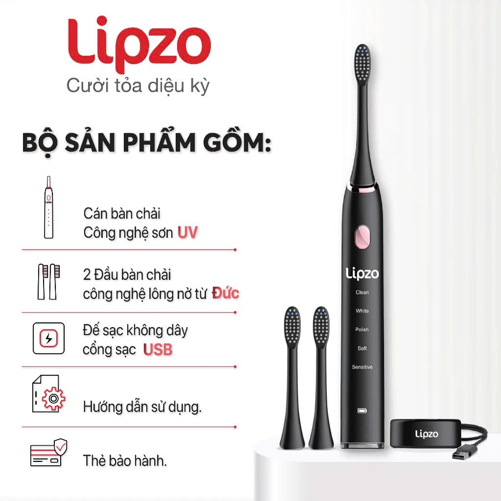 Bàn chải điện thông minh Lipzo sóng âm 5 chế độ chải, bảo hành lên đến 2 năm