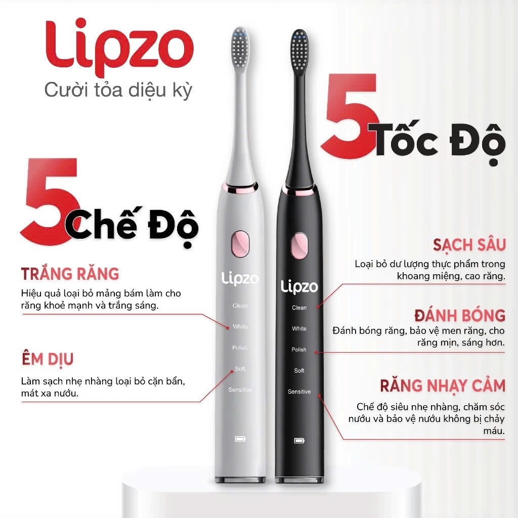 Bàn chải điện thông minh Lipzo sóng âm 5 chế độ chải, bảo hành lên đến 2 năm