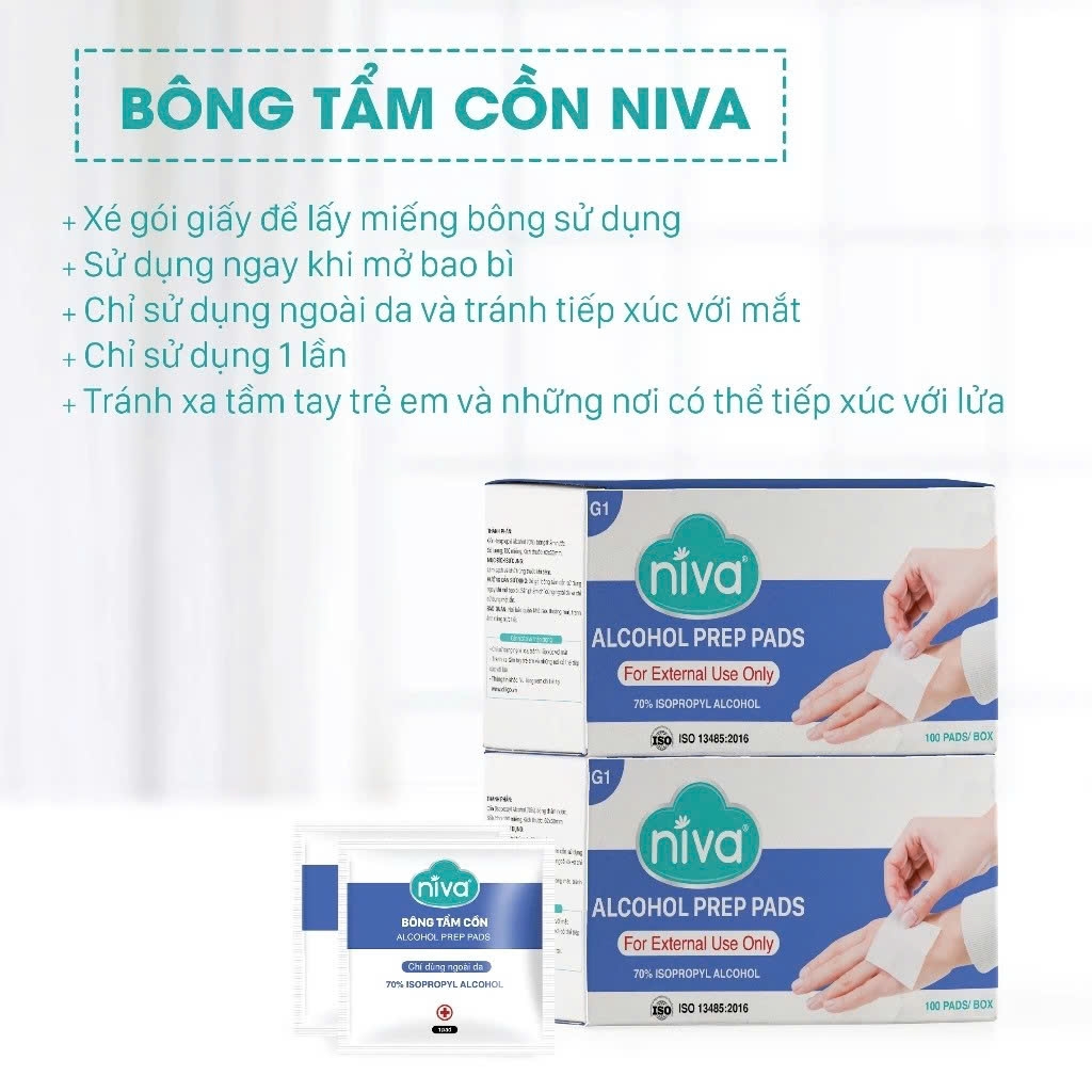 Bông Tẩm Cồn Tiệt Trùng Niva Hộp 100 Miếng Dùng Để Làm Sạch Và Khử Trùng Trước Khi Tiêm