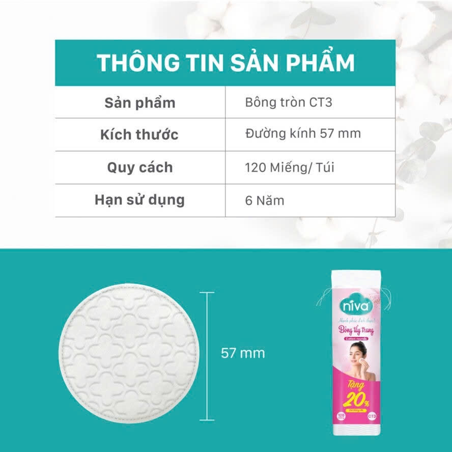[Mua 2 Tặng 1] Bông Tẩy Trang Tròn Niva Cao Cấp CT3 Gói 120 Miếng Bông Tự Nhiên Mềm Mại Tẩy Trang, Rửa Mặt