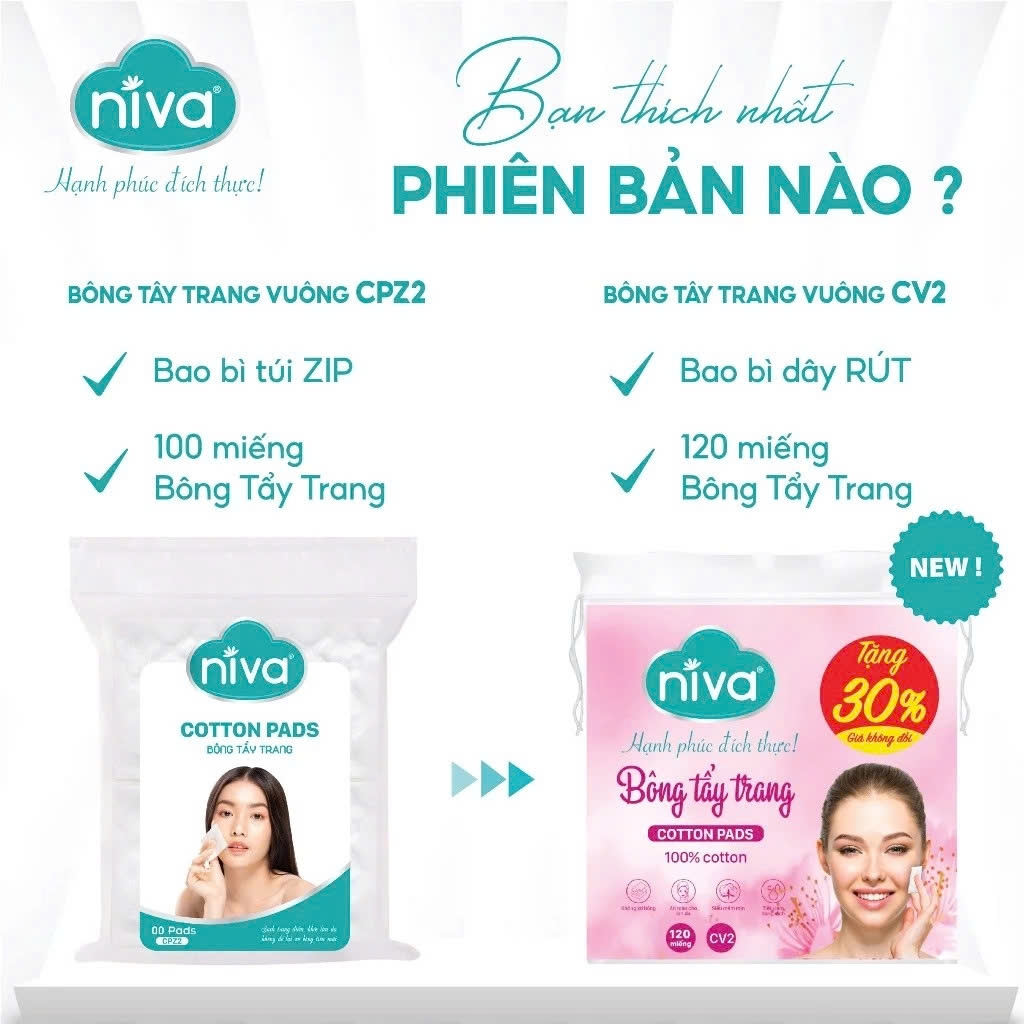 [Mua 3 Tặng 1] Bông Tẩy Trang Vuông NIVA CV2 – Túi 120 Miếng, Bông Tự Nhiên Cao Cấp, Dịu Nhẹ Cho Da