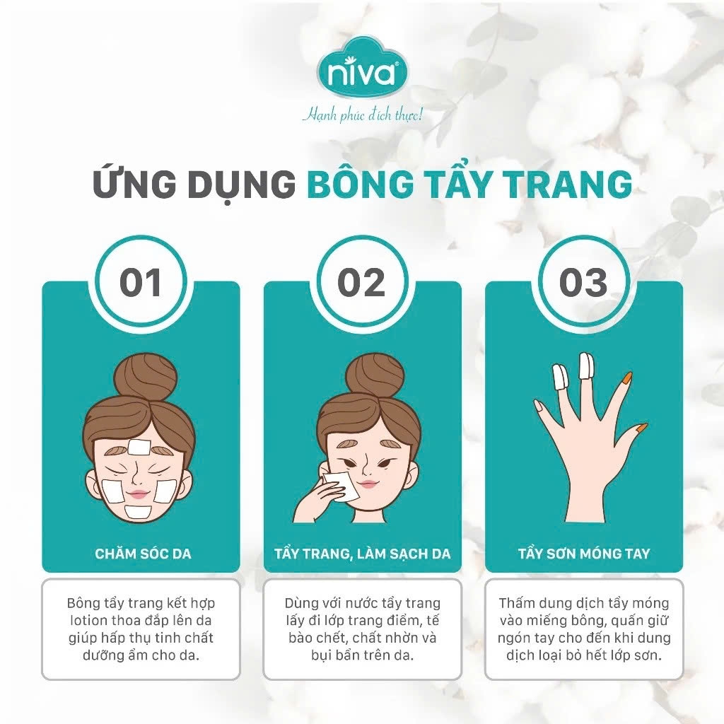 [Mua 3 Tặng 1] Bông Tẩy Trang Vuông NIVA CV2 – Túi 120 Miếng, Bông Tự Nhiên Cao Cấp, Dịu Nhẹ Cho Da