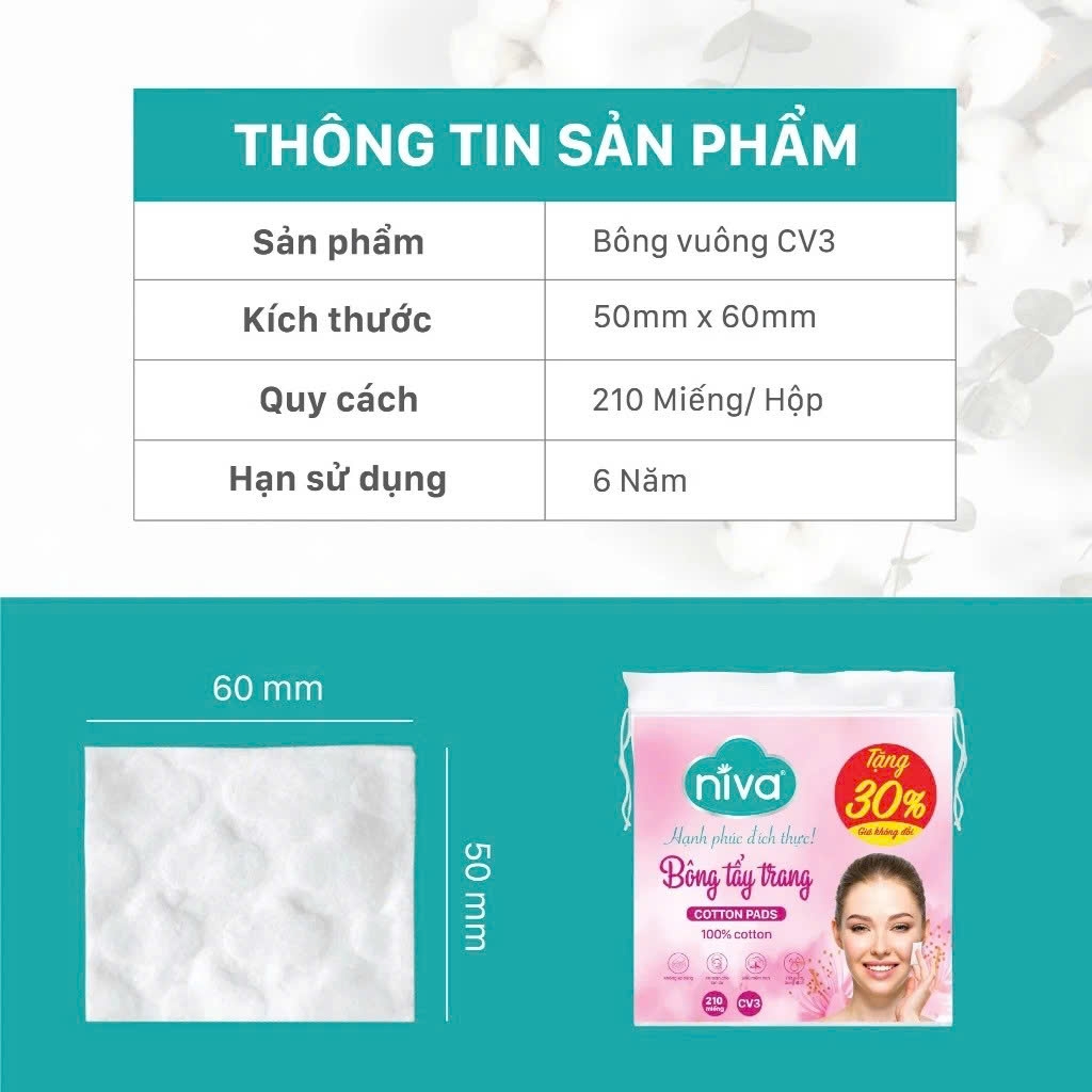 [Mua 3 Tặng 1] Bông Tẩy Trang Vuông NIVA CV3 Túi 210 Miếng – Bông Tự Nhiên Cao Cấp, Bản Cải Tiến
