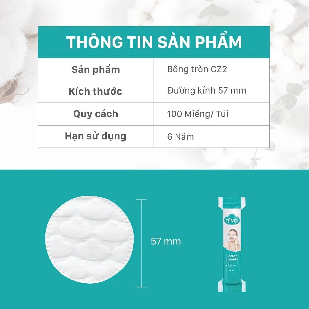 Bông Tẩy Trang Tròn Niva CZ2 Cao Cấp Bông Tự Nhiên, Công Nghệ Kháng Khuẩn An Toàn Cho Da Dầu Mụn Nhạy Cảm