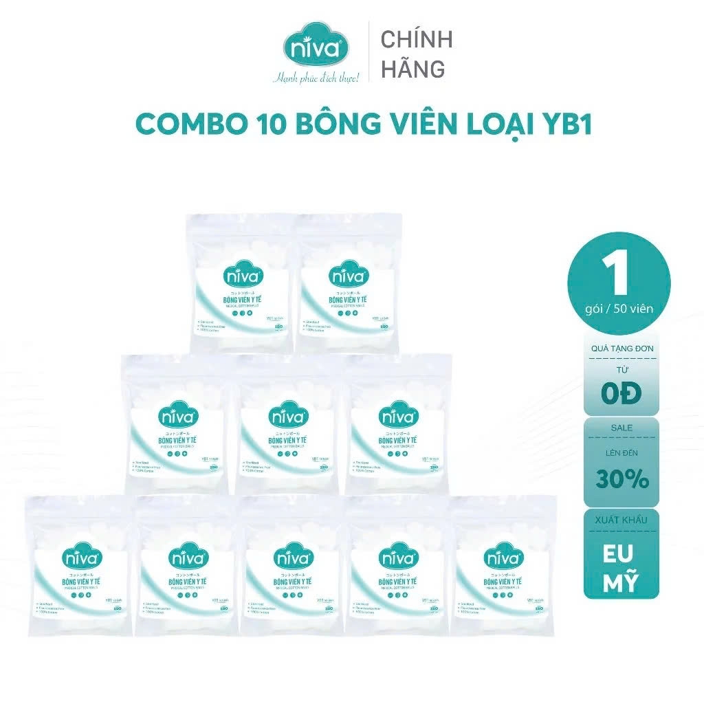 [Combo 5 - 10] Gói 50 Bông Gòn Viên Tròn Y Tế Niva YB1 Đường Kính 27mm Nhét Tai Cho Mẹ, Phụ Nữ Sau Sinh An Toàn Tiệt Trùng