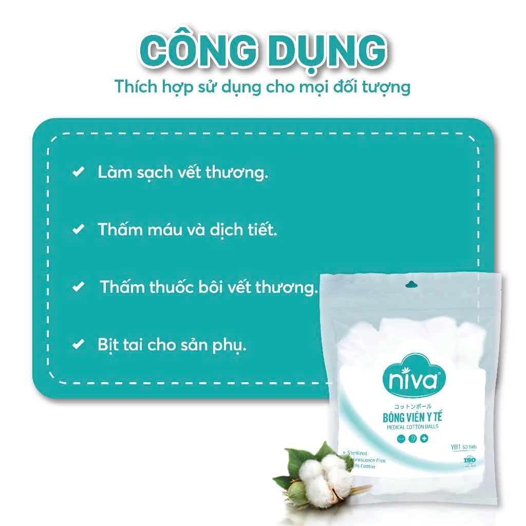 Gói 50 Bông Gòn Viên Tròn Y Tế Niva YB1 Đường Kính 27mm Nhét Tai Cho Mẹ, Phụ Nữ Sau Sinh An Toàn Tiệt Trùng