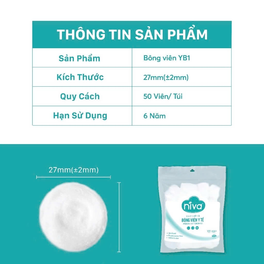 Gói 50 Bông Gòn Viên Tròn Y Tế Niva YB1 Đường Kính 27mm Nhét Tai Cho Mẹ, Phụ Nữ Sau Sinh An Toàn Tiệt Trùng