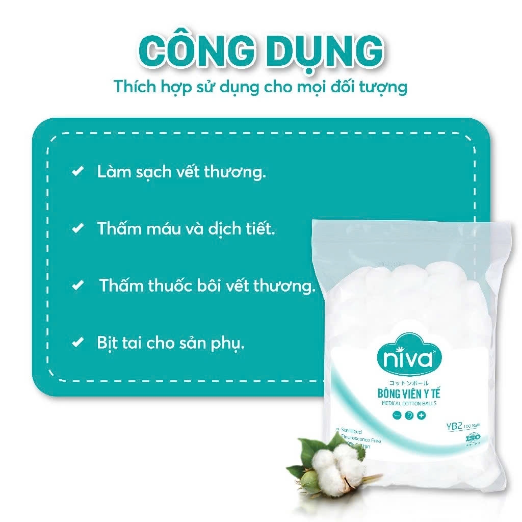 Combo 5 Gói 100 Bông Gòn Viên Tròn Y Tế Niva YB2 Đường Kính 27mm Nhét Tai Cho Mẹ, Phụ Nữ Sau Sinh An Toàn Tiệt Trùng