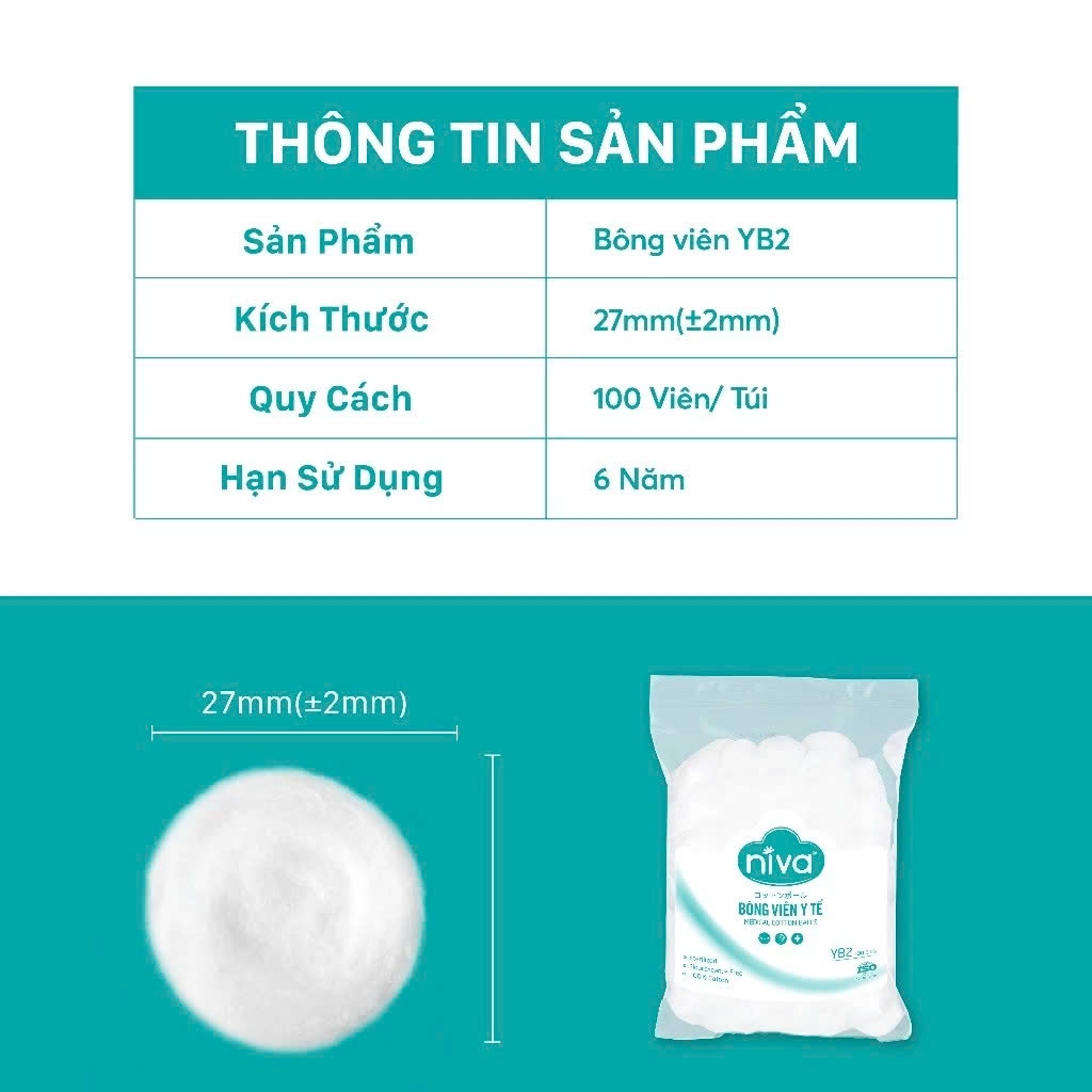 Gói 100 Bông Gòn Viên Tròn Y Tế Niva YB2 Đường Kính 27mm Nhét Tai Cho Mẹ, Phụ Nữ Sau Sinh An Toàn Tiệt Trùng