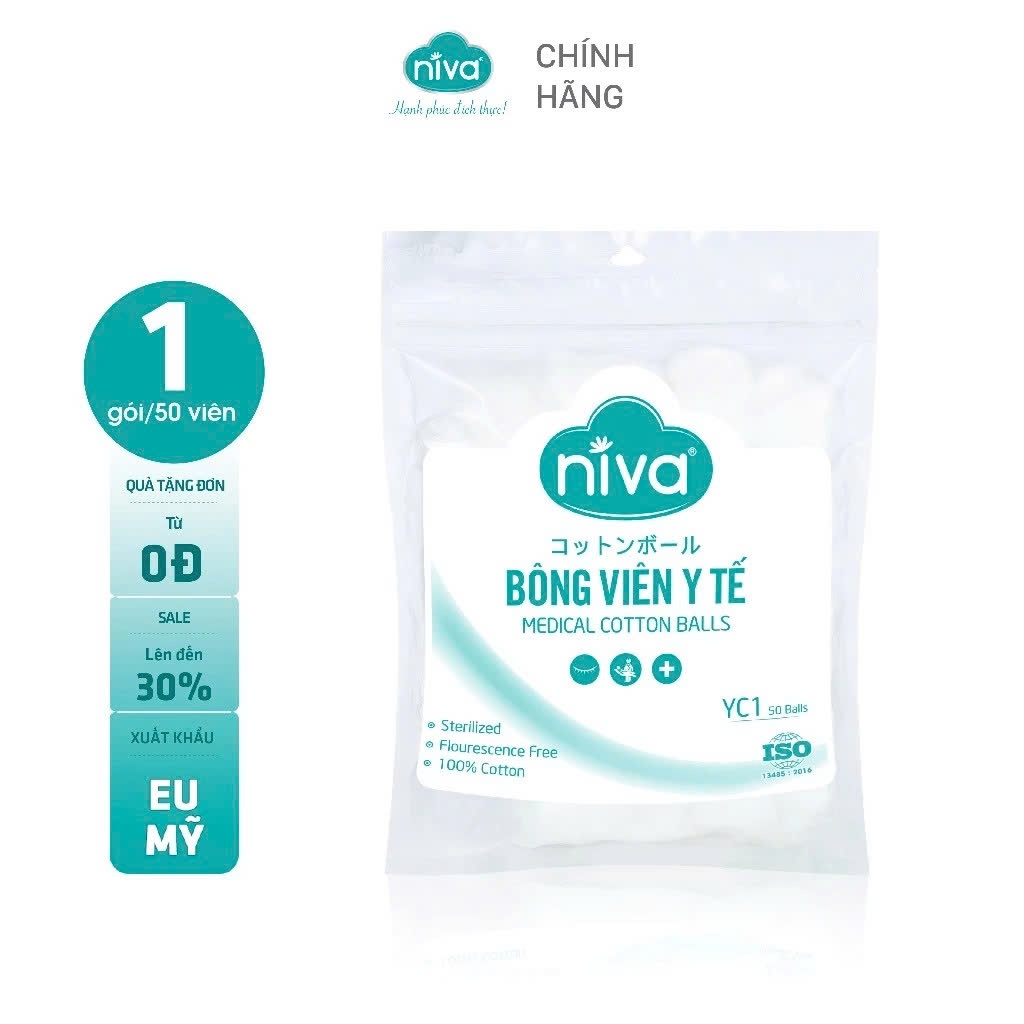 Combo 10 Gói 50 Bông Gòn Viên Tròn Y Tế Niva YC1 Đường Kính 16mm Nhét Tai Cho Mẹ, Phụ Nữ Sau Sinh An Toàn Tiệt Trùng