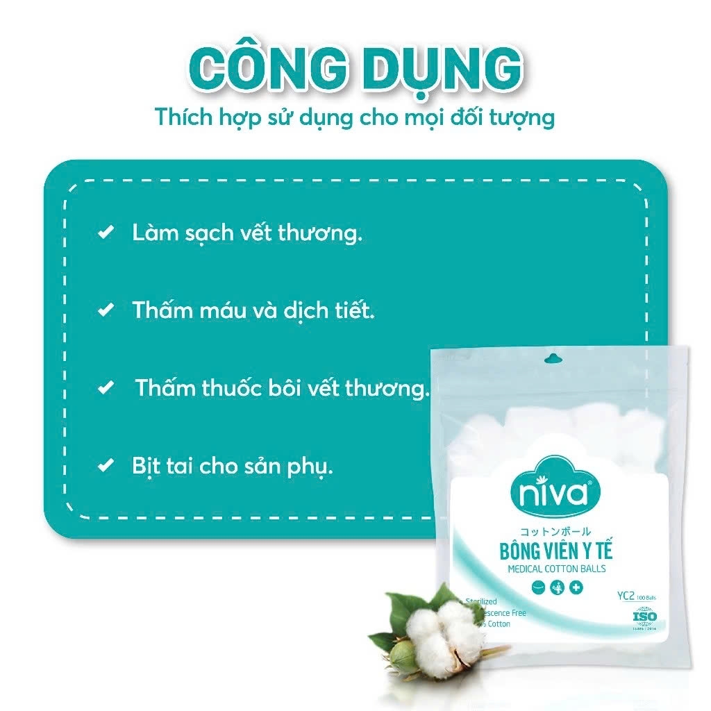 [Combo 10 - 20] Gói 100 Bông Gòn Viên Tròn Y Tế Niva YC2 Đường Kính 16mm Nhét Tai Cho Mẹ, Phụ Nữ Sau Sinh An Toàn Tiệt Trùng