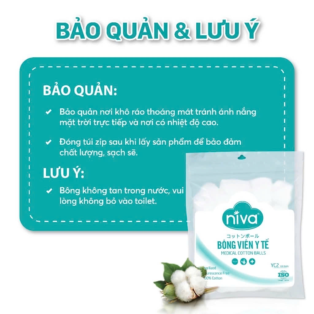 Gói 100 Bông Gòn Viên Tròn Y Tế Niva YC2 Đường Kính 16mm Nhét Tai Cho Mẹ, Phụ Nữ Sau Sinh An Toàn Tiệt Trùng