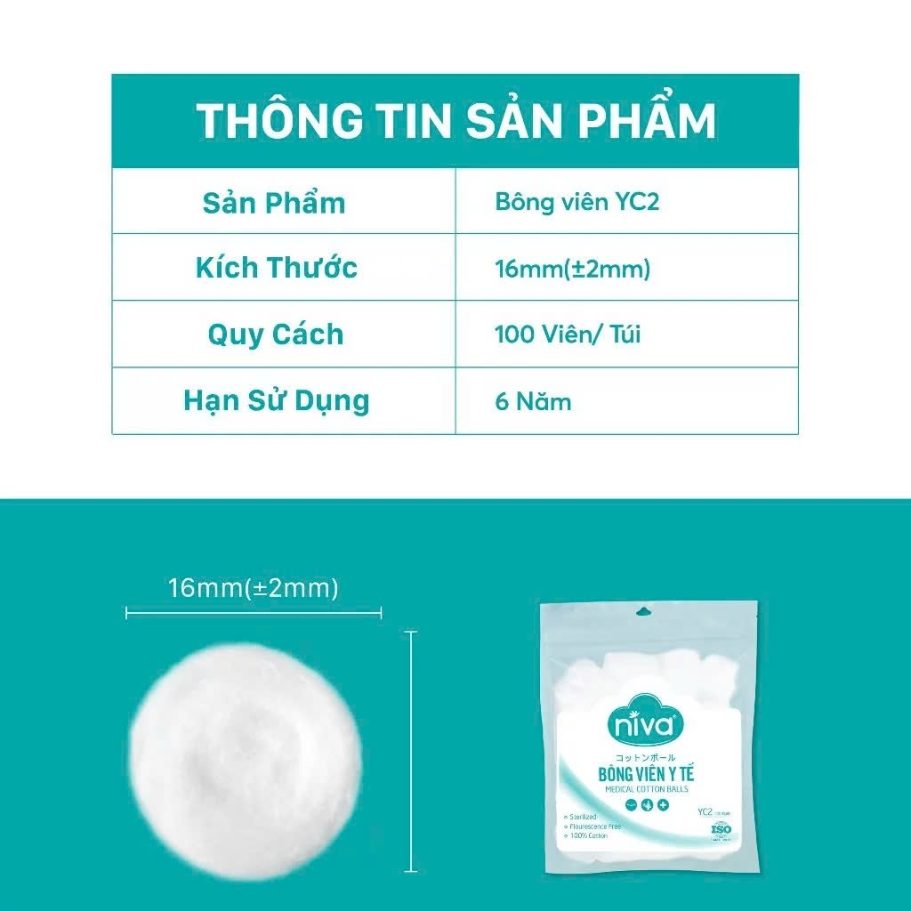 Gói 100 Bông Gòn Viên Tròn Y Tế Niva YC2 Đường Kính 16mm Nhét Tai Cho Mẹ, Phụ Nữ Sau Sinh An Toàn Tiệt Trùng