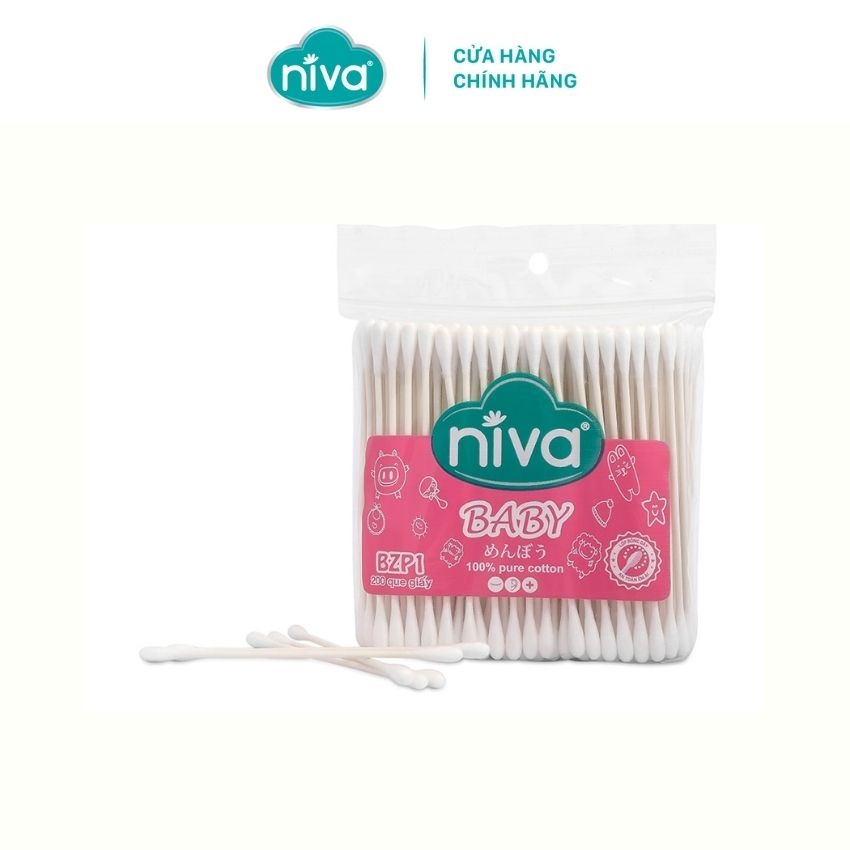 Combo 3 Tăm Bông Niva Cho Trẻ Sơ Sinh Túi 200 Que Thân Giấy BZP1 Bông Tự Nhiên Kháng Khuẩn An Toàn,Thân Thiện Môi Trường