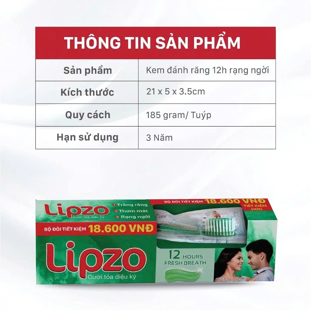 Bộ Đôi Tiết Kiệm Kem Đánh Răng Lipzo 12 Giờ Rạng Ngời 185g Và Bàn Chải Đánh Răng Maxcare