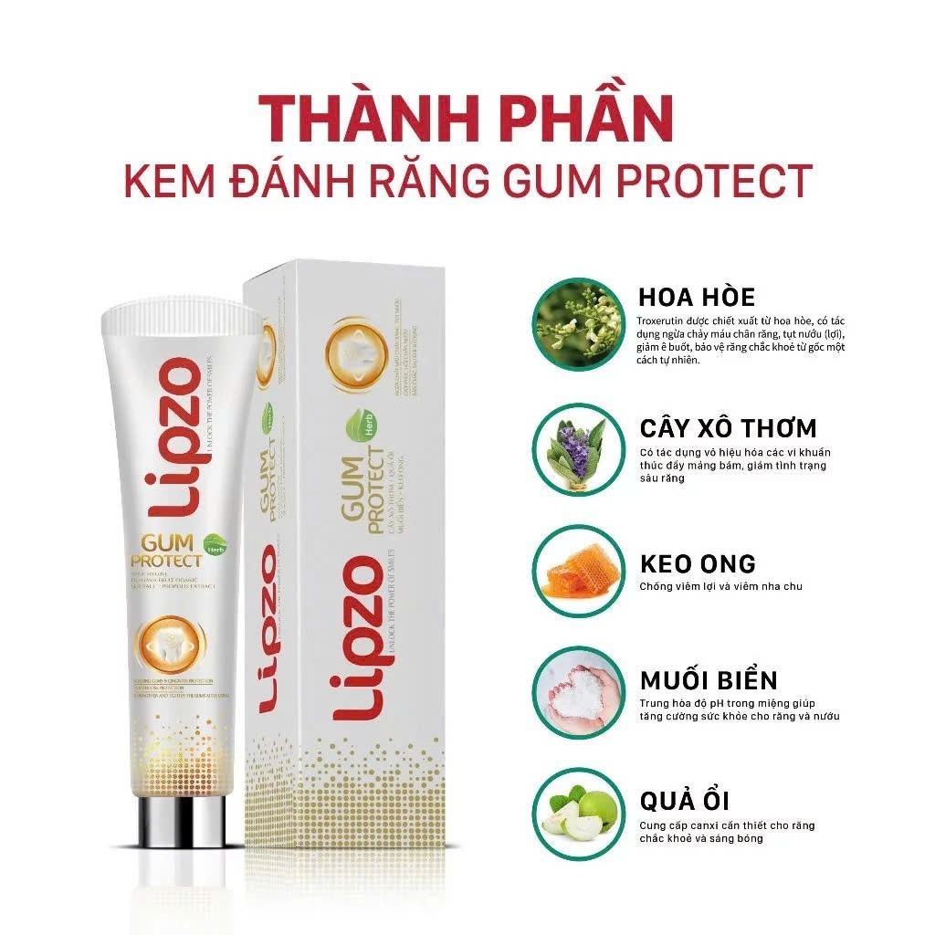 [Mua 3 Tặng 1] Kem Đánh Răng Thảo Dược Lipzo Gum Protect Chống Tụt Nướu 185g Ngăn Ngừa Chảy Máu Chân Răng, Khử Khuẩn, Răng Chắc Khỏe Tự Nhiên