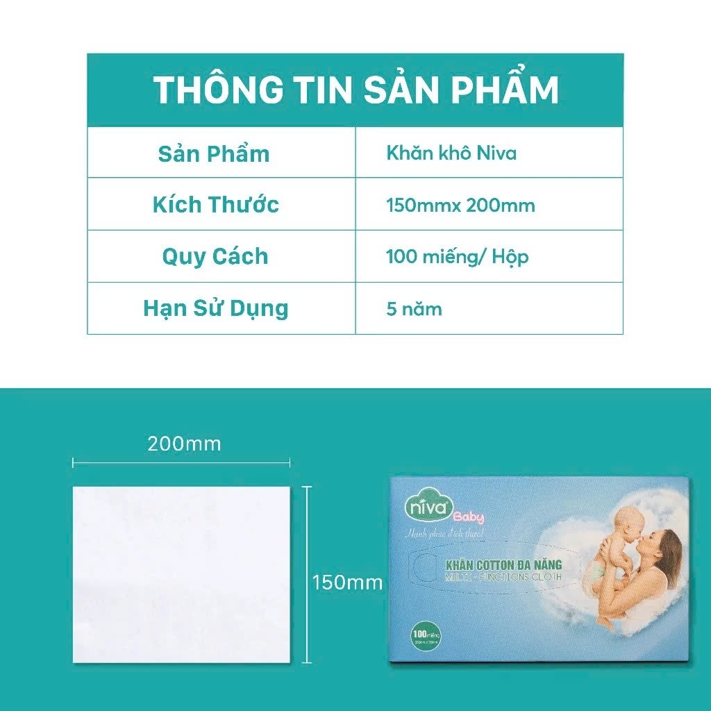 Combo 5 Khăn Giấy Khô Đa Năng Niva Gói 100 Tờ Tiện Dụng, Chất Liệu Cotton Tự Nhiên An Toàn Cho Bé