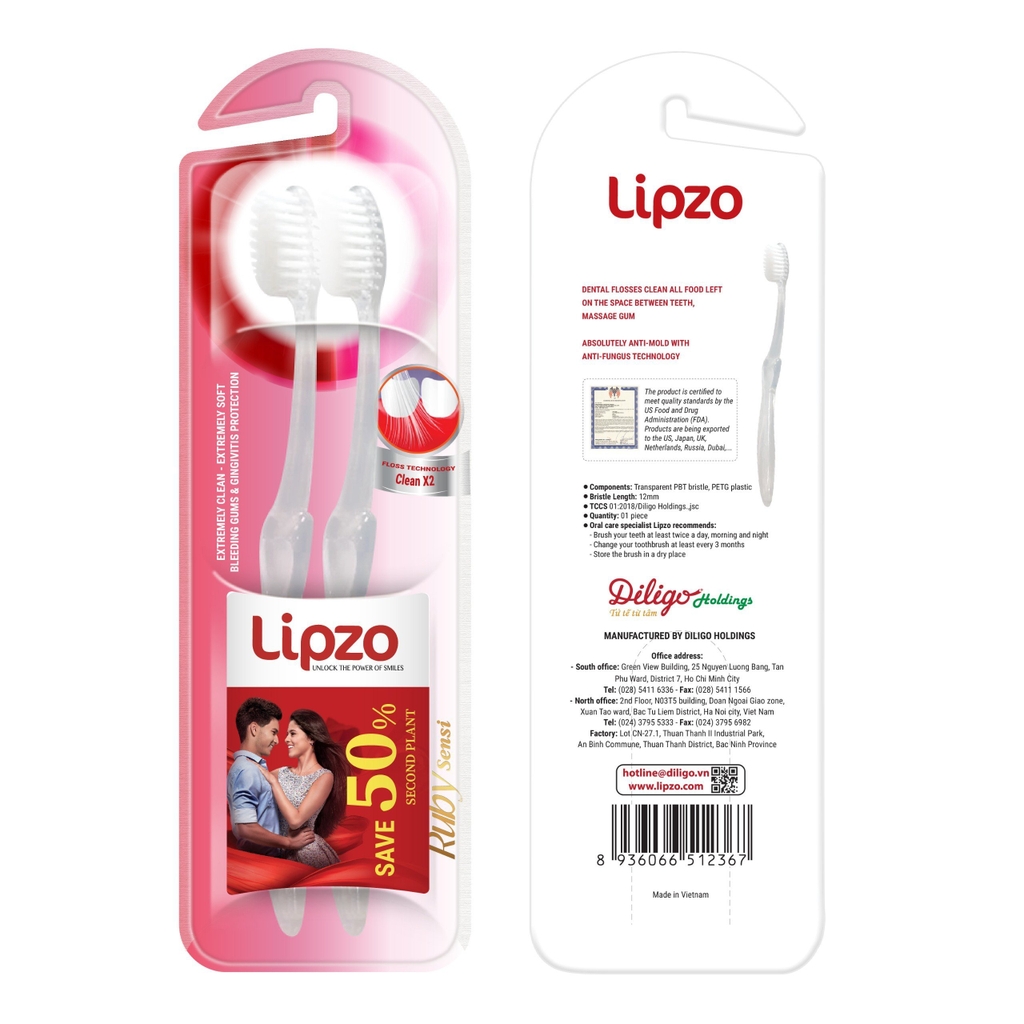 Combo 2 Bàn Chải Đánh Răng Lipzo Ruby Sensi, Ruby Charcoal Công Nghệ Chỉ Tơ Than Hoạt Tính Kháng Khuẩn Siêu Mềm Mảnh