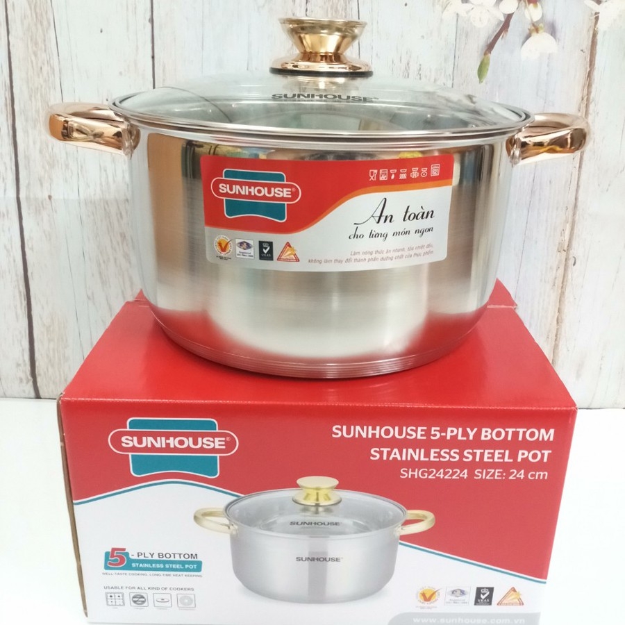 Nồi inox 5 đáy nắp kính 24 cm Sunhouse SHG24224