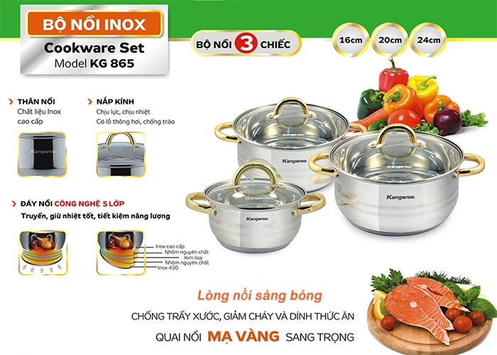 Bộ nồi Inox 3 chiếc 5 lớp cao cấp Kangaroo KG865