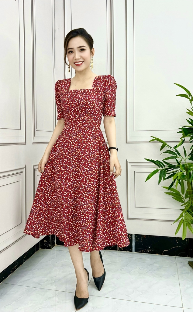 Đầm xòe hoa nhí công sở cổ vuông HL18-31 | Thời trang công sở K&K Fashion