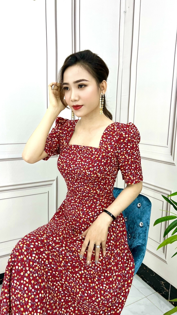 Váy đầm hoa chun eo tay chờm Red Floral