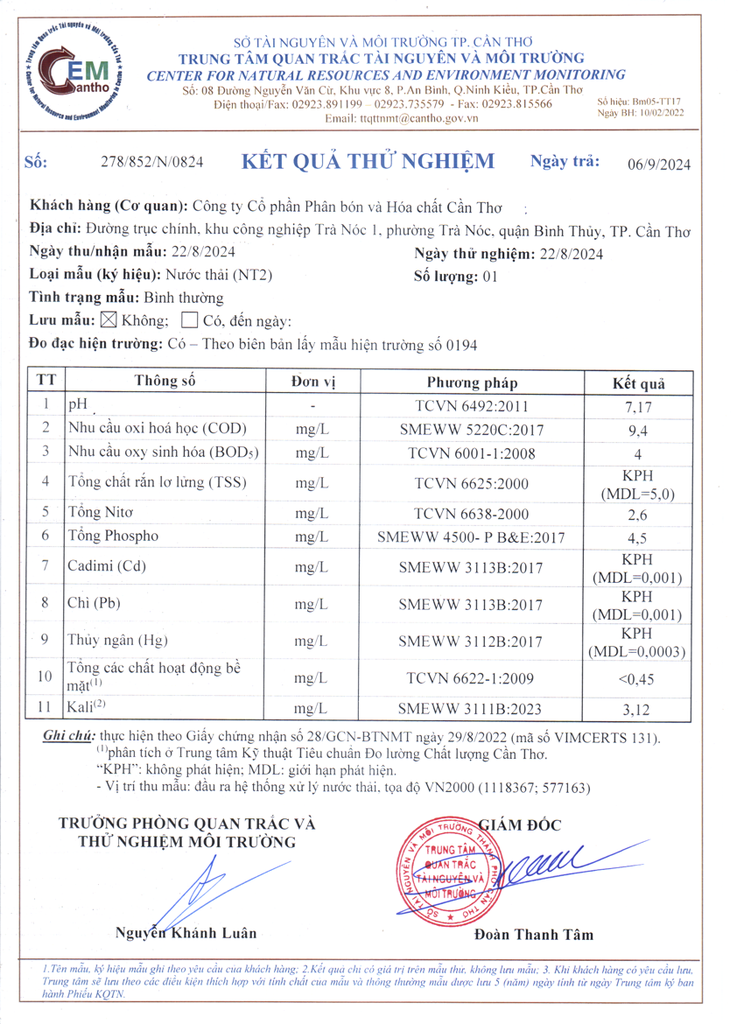 Kết quả quan trắc môi trường quý III - 2024 - CFC