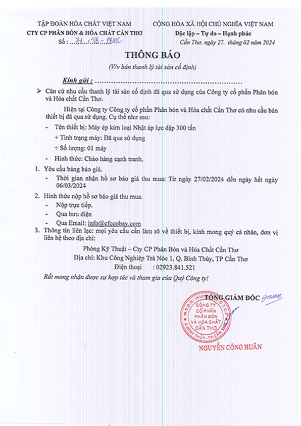 Thông báo - V/v Bán thanh lý tài sản cố định