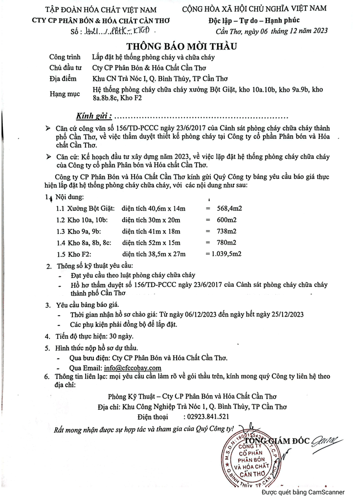 CFC - Thông báo mời thầu lắp đặt công trình Phòng Cháy Chữa Cháy