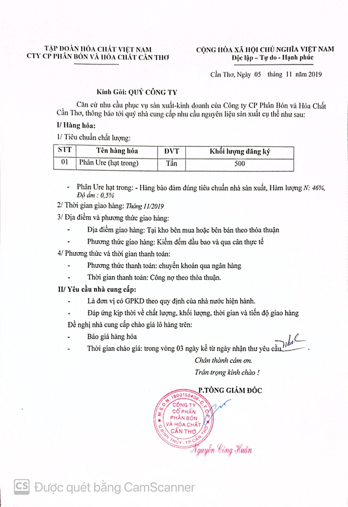 CFC - Mời chào giá "URE HẠT TRONG" [Đã Hết Hạn Chào Thầu]