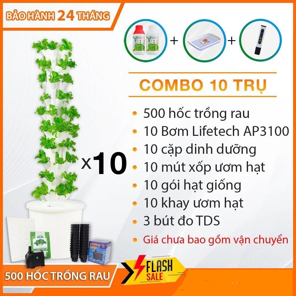 Combo 10 Trụ đứng Trồng Rau Thủy Canh kèm 10 cặp DD/Bơm/mút xốp/Hạt giống/Khay ươm